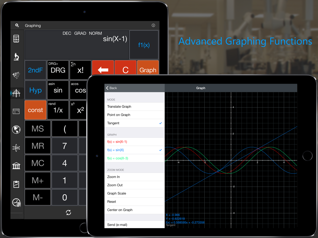 Calc Pro HD - Top Calculator! - Advanced graphing calculator interface on iPad showing trigonometric function plots and equations