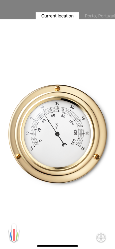 HD Thermometer ⊎ - Round brass analog thermometer dial showing current temperature in the HD Thermometer app
