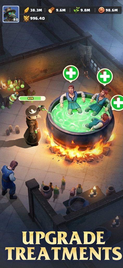 Last Asylum: Plague - Plague doctor treating patients in a green bubbling cauldron for a medical upgrade in Last Asylum Plague.