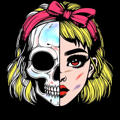 realistic girl with half skull mask