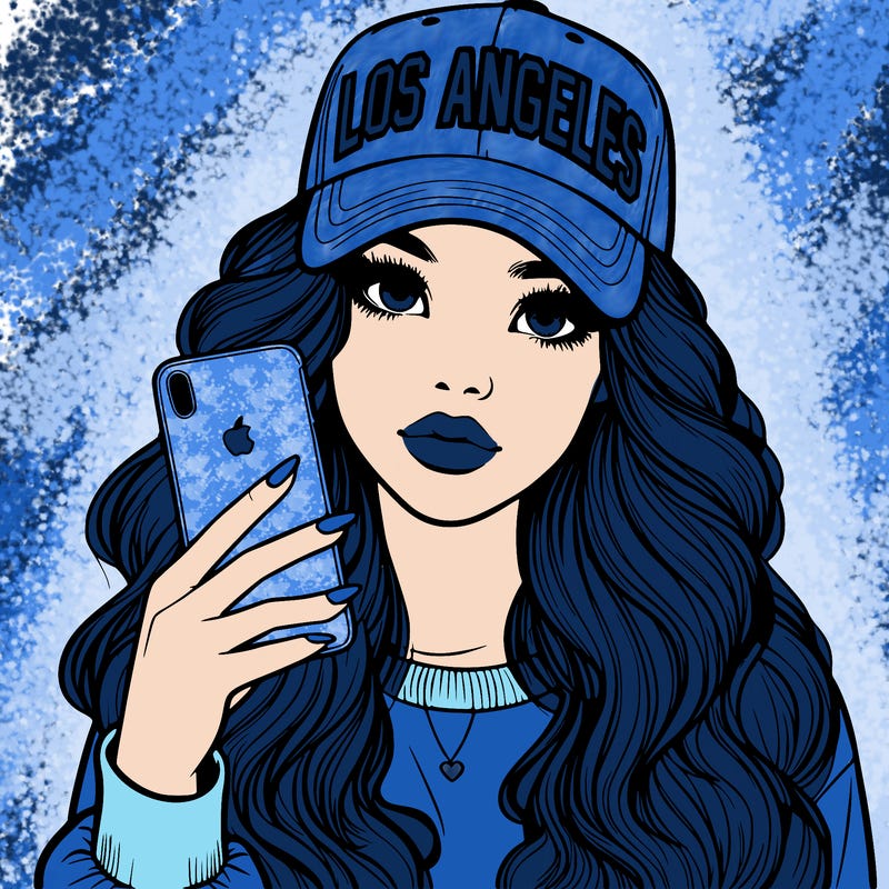 realistic beautiful girl wearing los ángeles cap holding an iphone