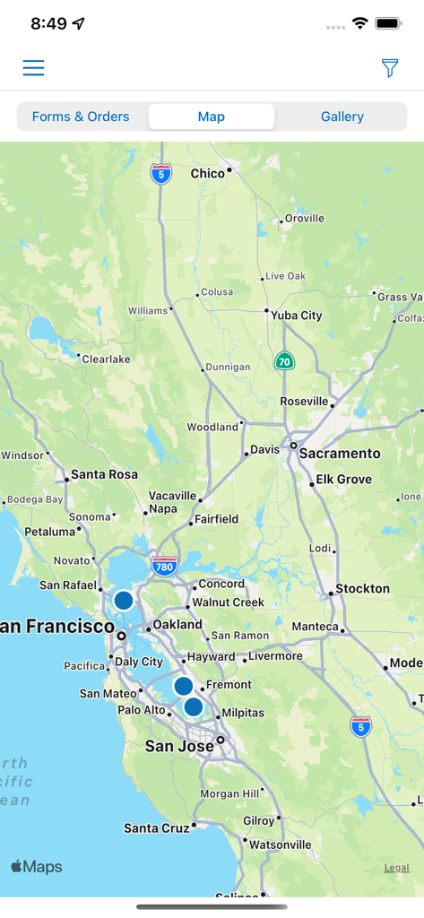 샌프란시스코 베이 지역의 소매점 위치를 보여주는 Wiser 앱 지도 인터페이스