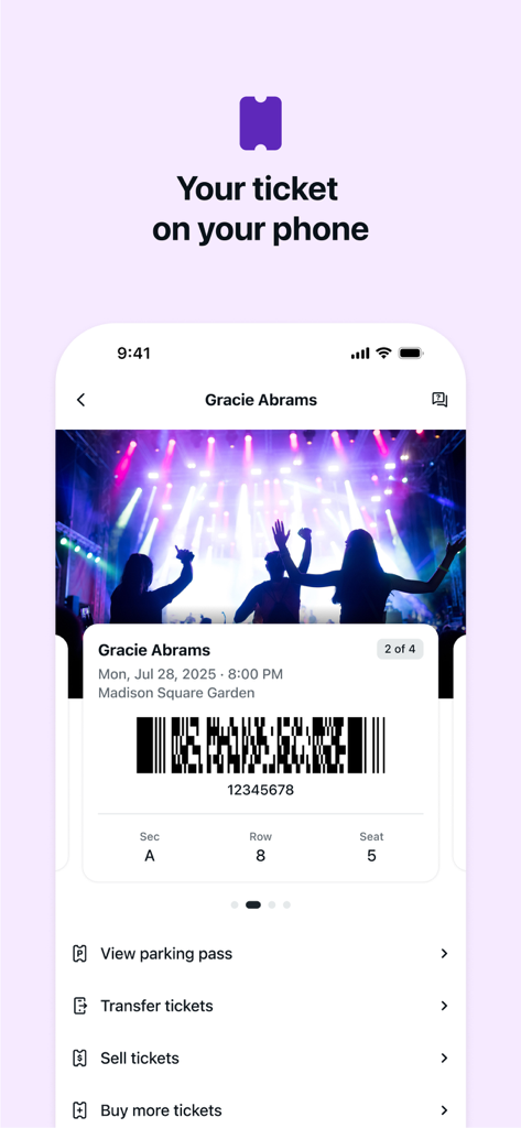 StubHub: Event Tickets - StubHubモバイルアプリの画面に、マディソン・スクエア・ガーデンでのコンサートのバーコードとイベントの詳細が表示されたデジタルコンサートチケットが表示されています