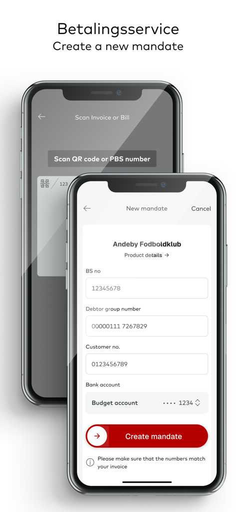 Betalingsservice app screens showing how to scan a bill QR code and create a new automated payment mandate