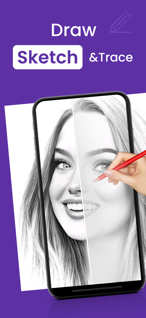Draw : Trace & Sketch - Smartphone app showing how to trace and sketch a portrait of a womans face