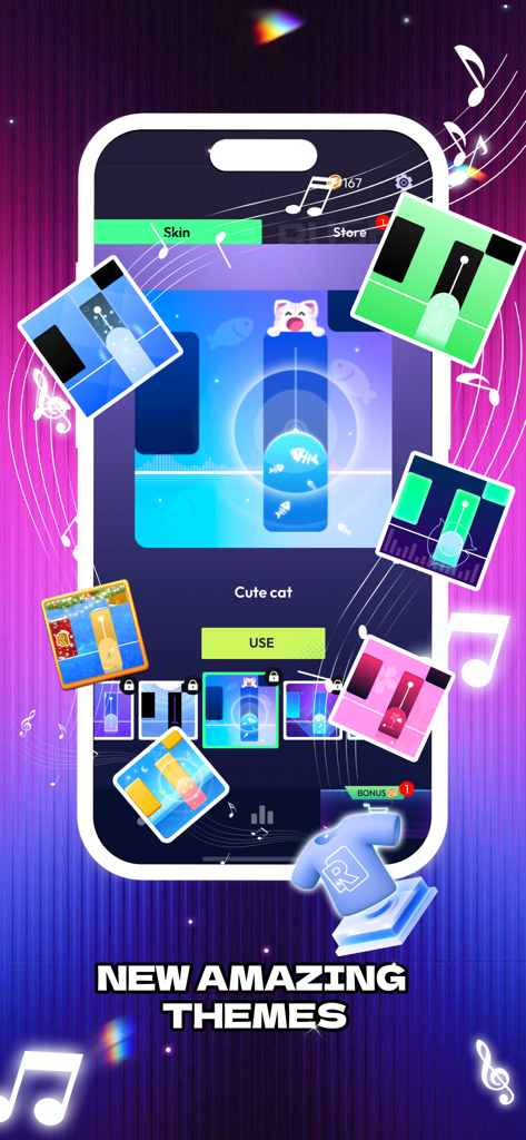 Rhythm Tiles : Piano Game - Menú de selección de skins y temas de fichas de música coloridos y creativos en Rhythm Tiles Piano Game