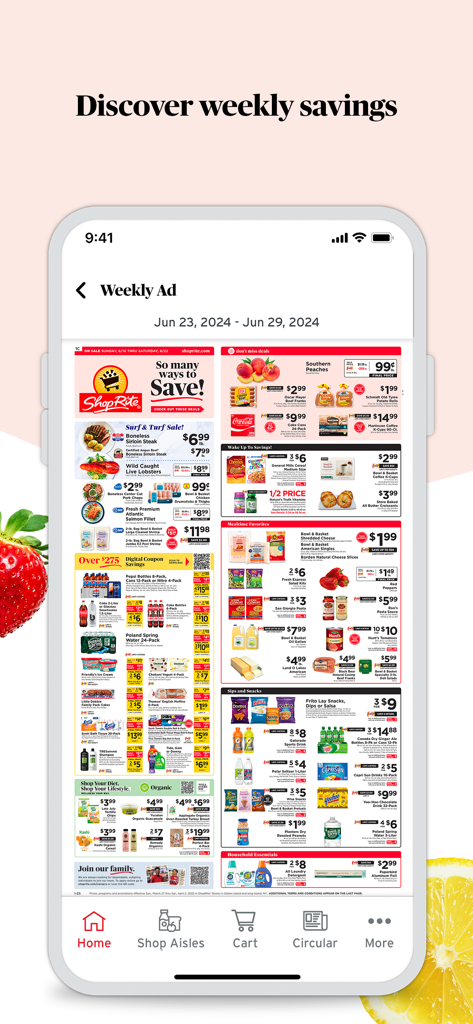 ShopRite: Groceries & Savings - ShopRite mobile app showing the weekly ad circular with grocery discounts and coupons