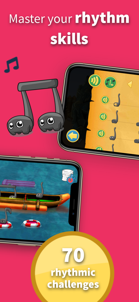 Learn music: Rhythmic Village - Mobile app screenshot of Rhythmic Village showing gameplay and 70 rhythmic challenges for kids