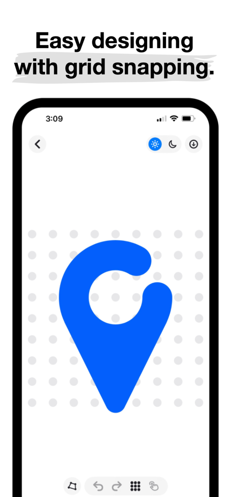 EasyLogo: Quick Logo Maker - Interface de l'application EasyLogo montrant un logo bleu en cours de conception sur une grille de points avec des fonctions d'aimantation