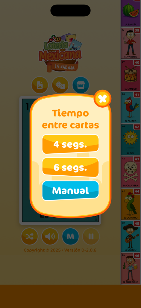 Lotería Mexicana - La Baraja - Menu de configurações para selecionar o tempo entre as cartas no aplicativo Loteria Mexicana