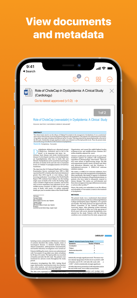 Veeva Vault - App Veeva Vault che visualizza un documento di studio clinico su un iPhone