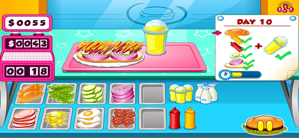 Go Fast Cooking Sandwiches - Gameplay screen of Go Fast Cooking Sandwiches showing a sandwich assembly line with various ingredients and an order ticket