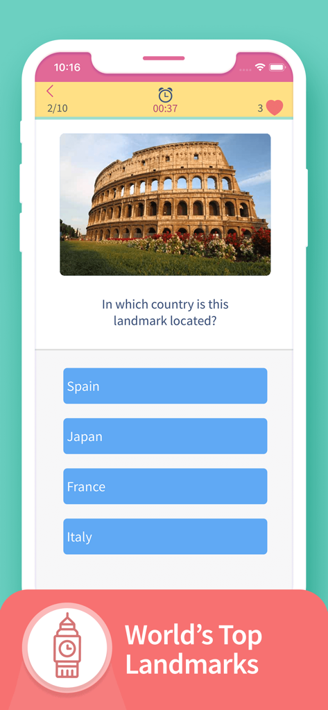 Eine Trivia-Frage in der TRIVIA 360 App, die nach dem Standort der Sehenswürdigkeit Kolosseum fragt, mit Multiple-Choice-Antworten