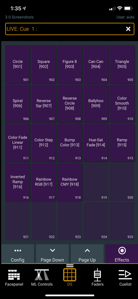 iRFR - LR - A grid of lighting effect buttons in the iRFR - LR mobile app