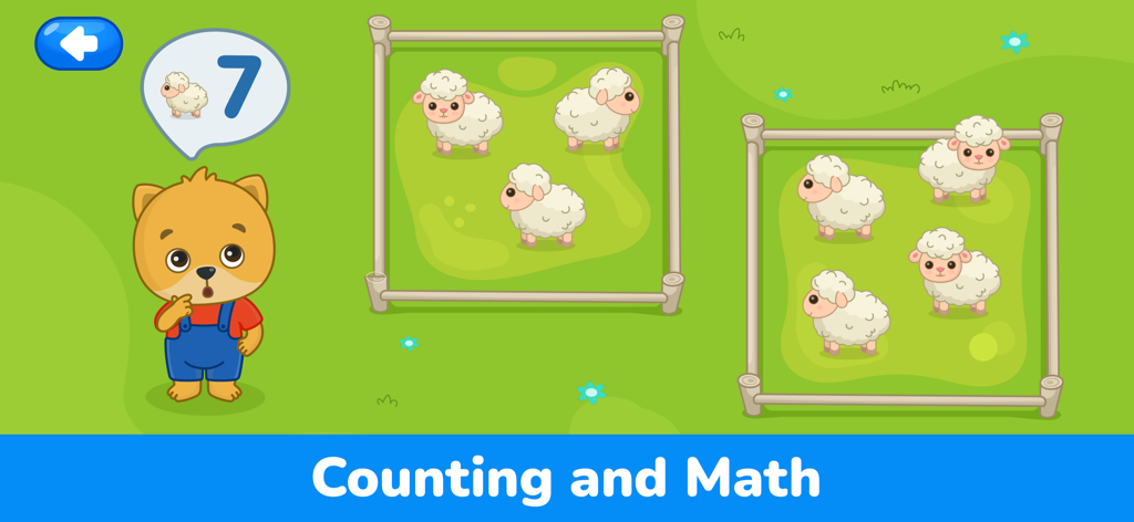 Jeu éducatif Bimi Boo pour enfants montrant une activité de comptage et de mathématiques avec des moutons