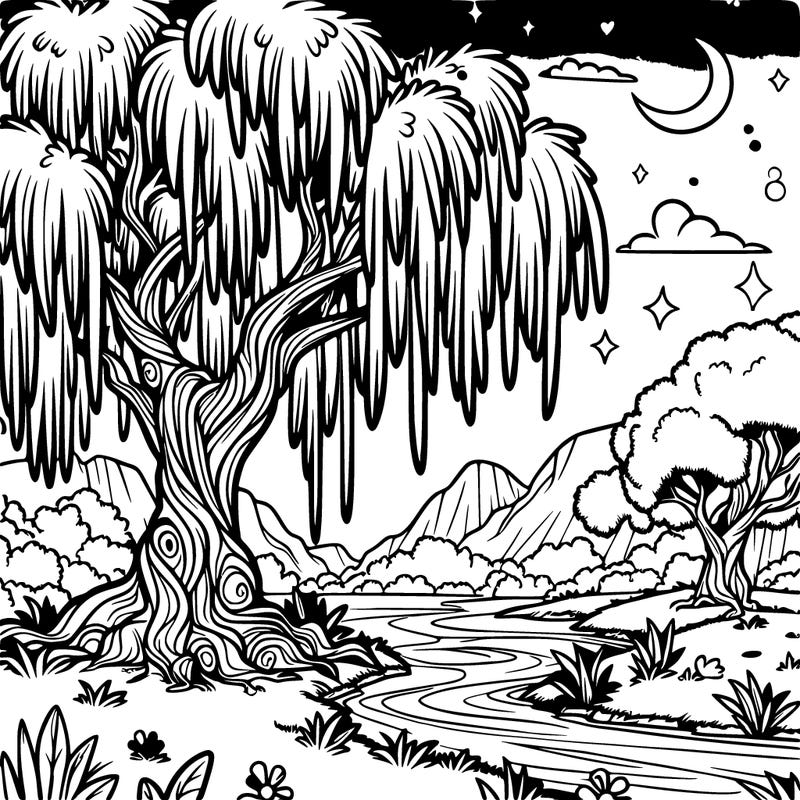 fantasy landscape with weeping willow tree