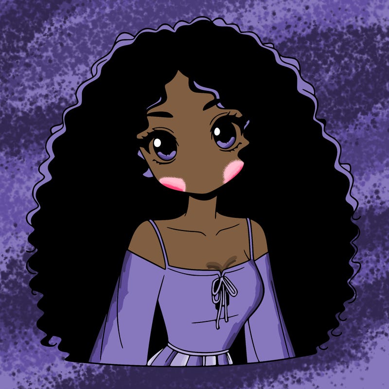 a black anime girl with long afro hair