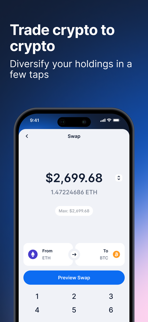 Blockchain.com: Buy Bitcoin - 이더리움에서 비트코인으로의 암호화폐 스왑을 보여주는 Blockchain.com 앱 인터페이스