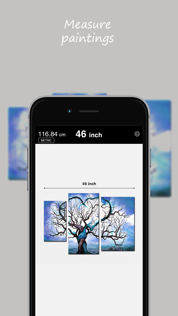 iPhoneの画面に、AR定規アプリが壁のアート作品の絵画を測定している様子が表示されています。
