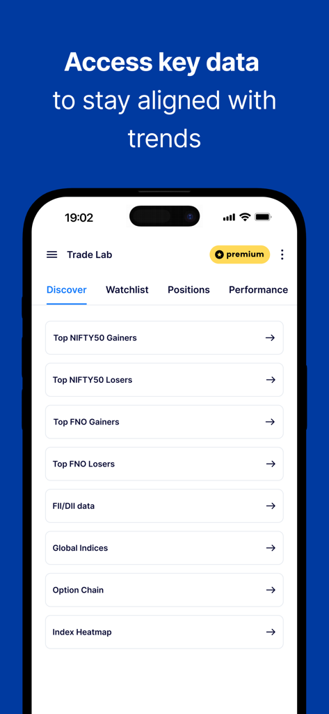 FrontPage - FrontPage app Trade Lab interface displaying key market data and trends for NIFTY50 and FNO.