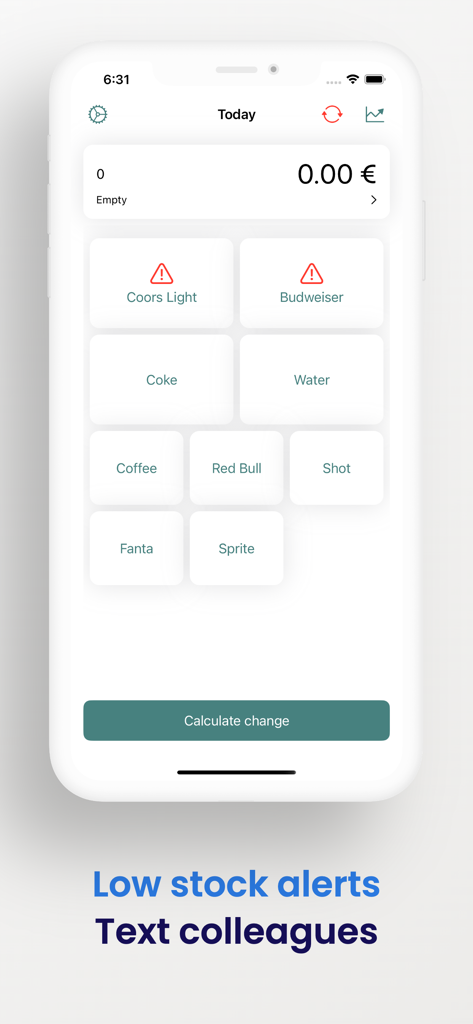 Interface do aplicativo móvel mostrando grade de produtos com ícones de alerta de baixo estoque para itens específicos e um botão para calcular o troco.