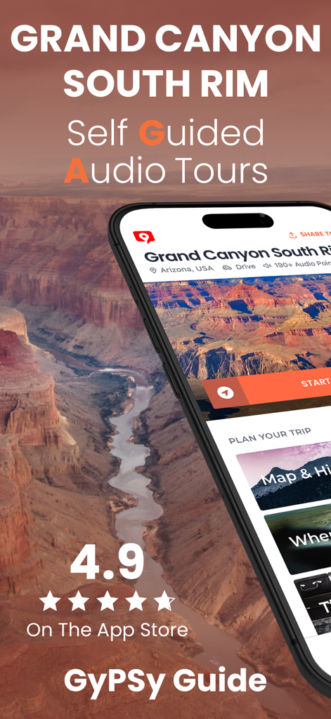 Smartphone displaying the Grand Canyon South Rim self-guided audio tour app by GyPSy Guide over a scenic canyon view