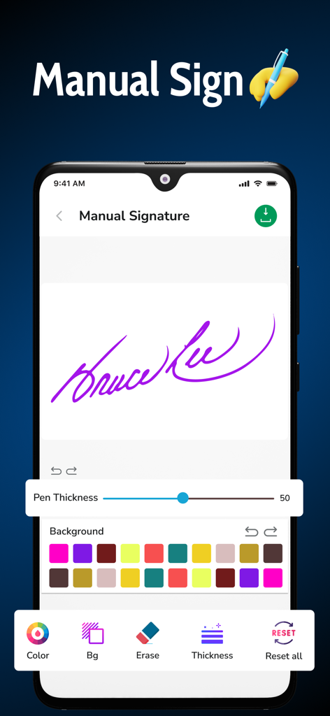 Signature Maker Sign Documents - 모바일 장치의 수동 서명 생성 인터페이스로 잉크 두께 및 배경색 사용자 정의 도구가 있는 보라색 서명 표시