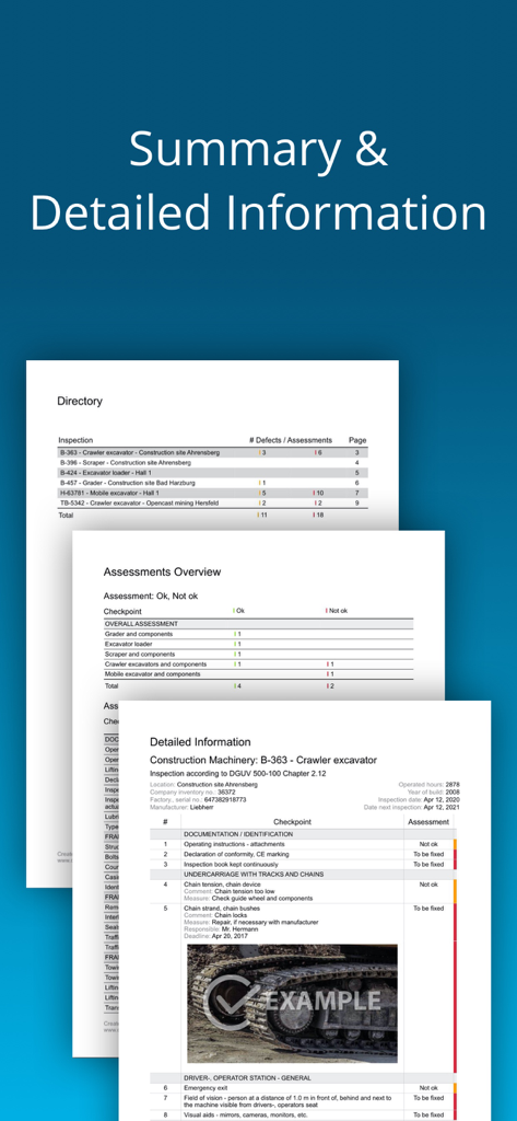 Summary and detailed safety inspection reports for heavy construction machinery