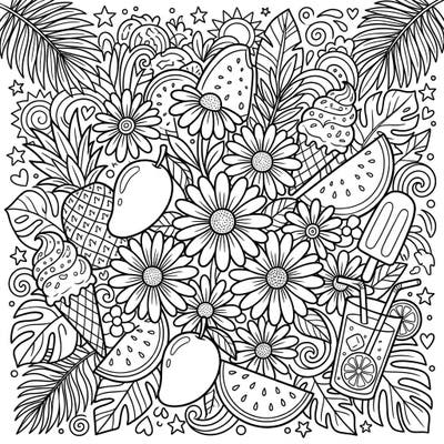 Embrace the sunny vibes with this charming coloring page, bursting with beautiful daisies and refreshing summer delights like tropical fruits and icy treats. It's the perfect canvas to bring a splash of color to your summer vacation dreams and unwind creatively.