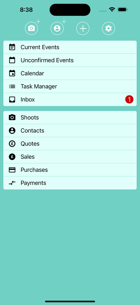 Light Blue写真ビジネス管理アプリのメインダッシュボード。撮影、連絡先、販売メニューが表示されています。