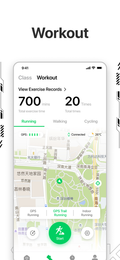 Shark Fit - Shark Fit app workout screen showing GPS trail running map and total exercise time