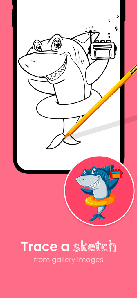 AR Draw - Paint & Sketch - Interfaz de aplicación móvil que muestra cómo calcar un boceto de tiburón de dibujos animados de imágenes de la galería usando tecnología de dibujo RA.