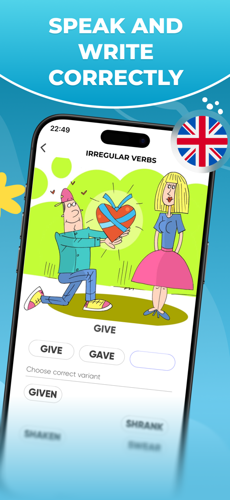 IVERBS app interface showing a visual multiple choice exercise for learning the irregular verb GIVE