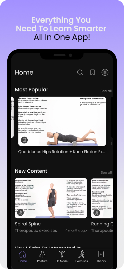 Home screen of the Posture by M&M mobile app featuring categories for popular and new therapeutic exercises with 3D anatomical models.