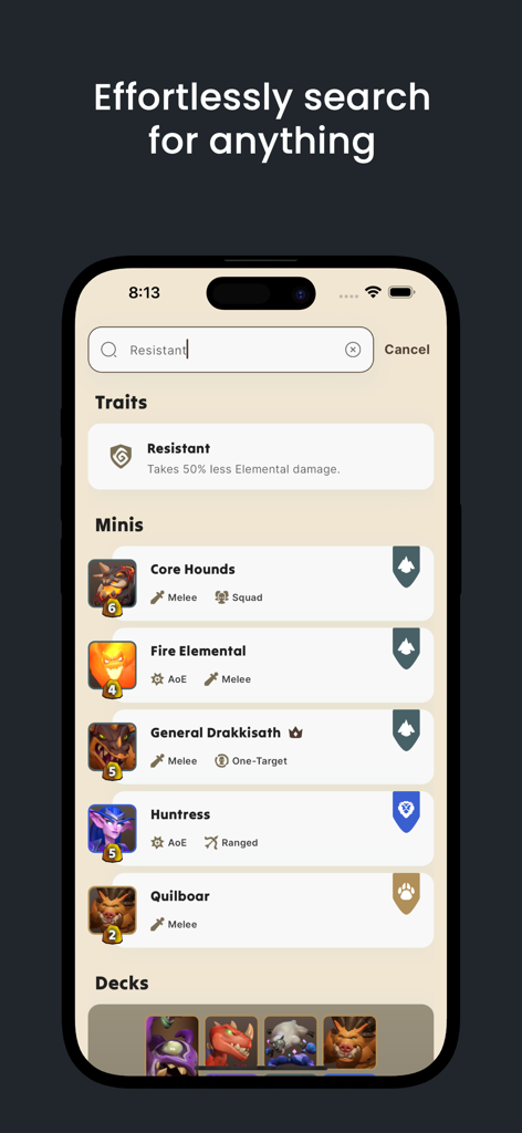 Decks for Warcraft Rumble - Search screen of the Decks for Warcraft Rumble app showing search results for traits and minis