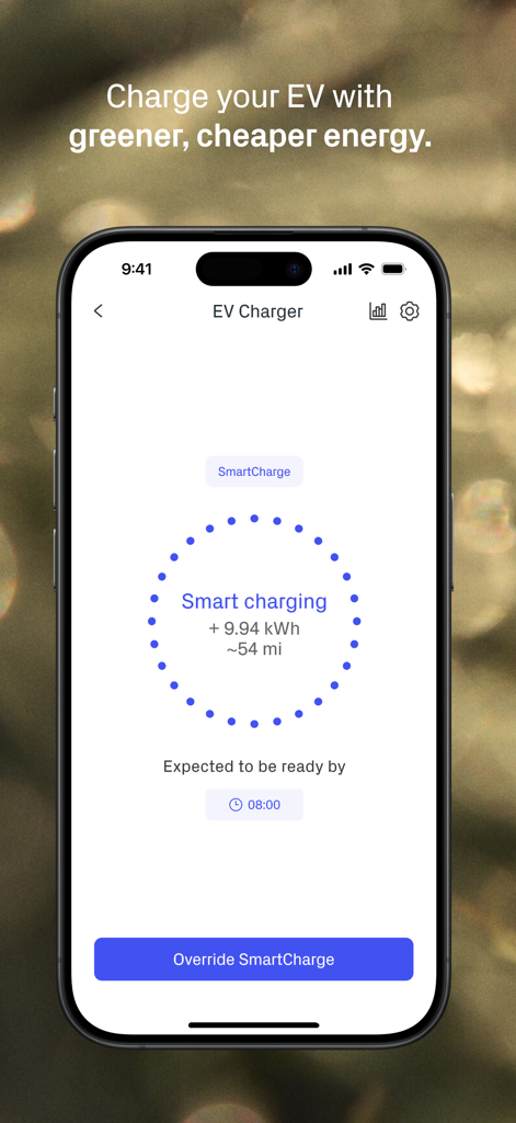 Hive app interface for smart electric vehicle charging showing progress and estimated ready time