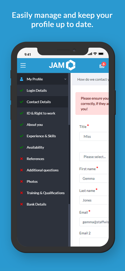JAM Event Services - User profile management interface in the JAM Event Services app displaying contact details and a registration checklist