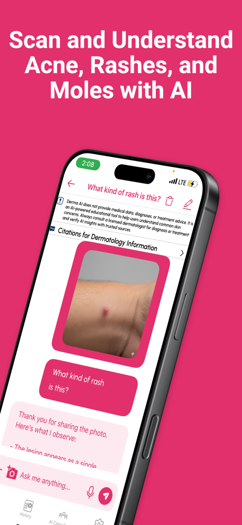 Derma AI: AI for Dermatology - Smartphone screen showing Derma AI app analyzing a photo of a skin rash to provide educational insights.
