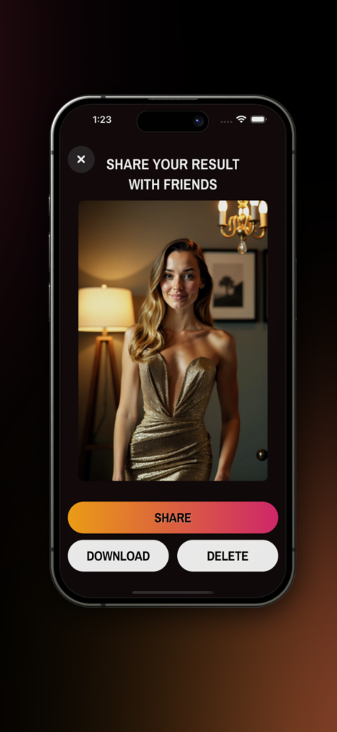 Sharing screen of Look Swap Me app featuring a woman in a glamorous gold dress created by AI