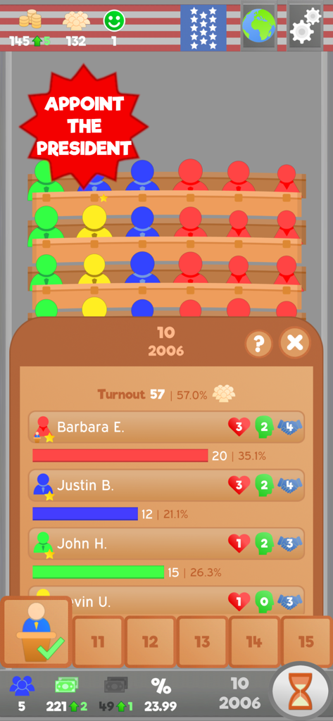 Lawgivers - Lawgivers game interface for appointing a president with candidate statistics