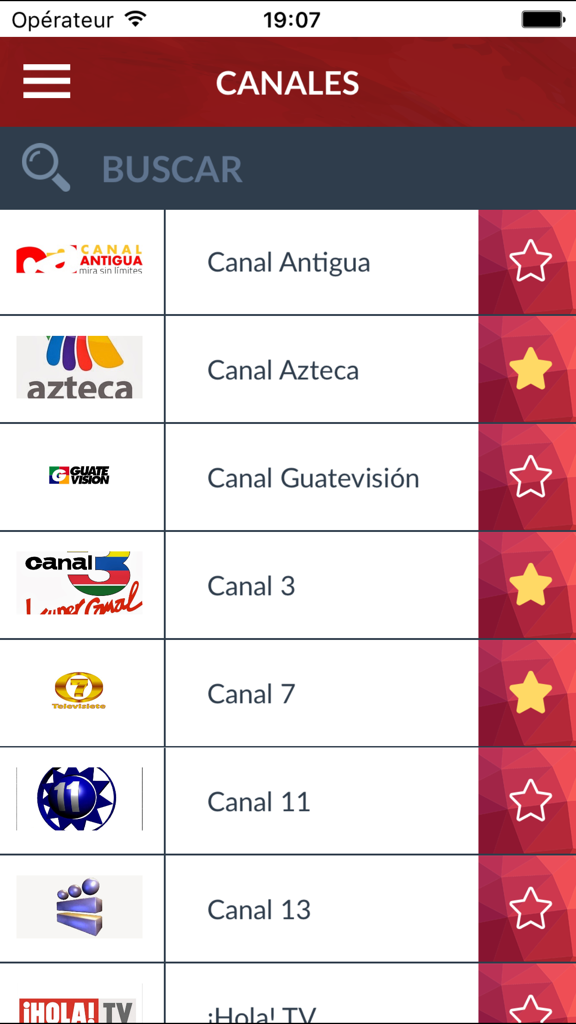 Programación TV Guatemala (GT) - Interface of the Programacion TV Guatemala app displaying a list of local TV channels with logos and favorites stars