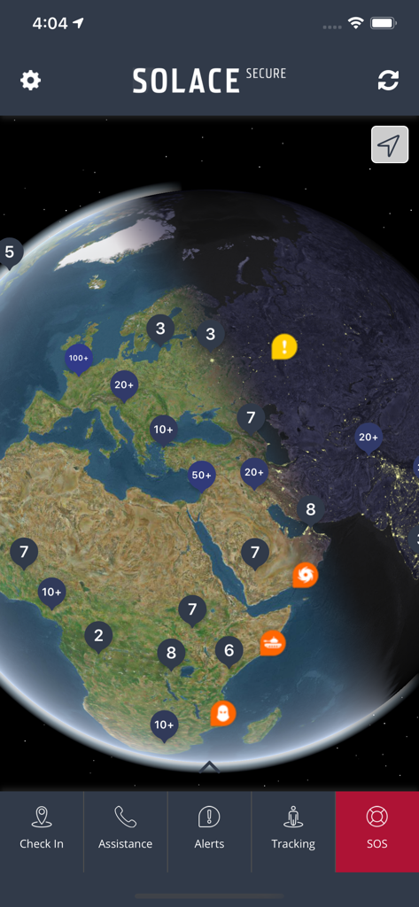 Solace Secure - Solace Secure mobile app interface showing a 3D global map with security risk alerts and an SOS button