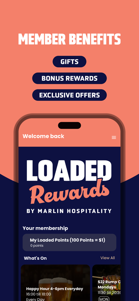 Loaded Rewards - Loaded Rewards mobile app interface showing member benefits like gifts, bonus rewards, and loyalty points.