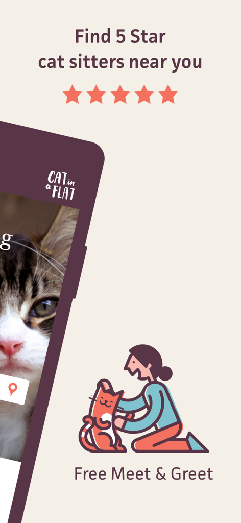 Cat in a Flat: Pet Cat Sitting - An introductory screen for the Cat in a Flat app featuring 5 star ratings and a free meet and greet illustration