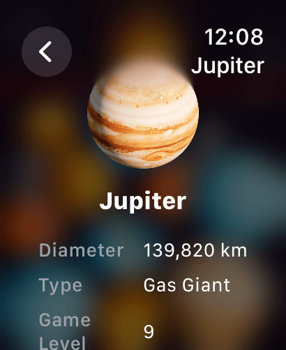 Merge Sun Master for watch - Jupiter planet information and stats on an Apple Watch screen.