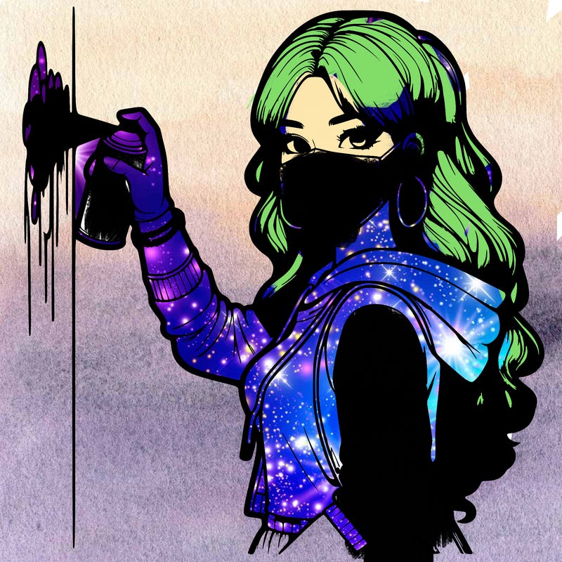 realistic girl with mask spray painting a wall