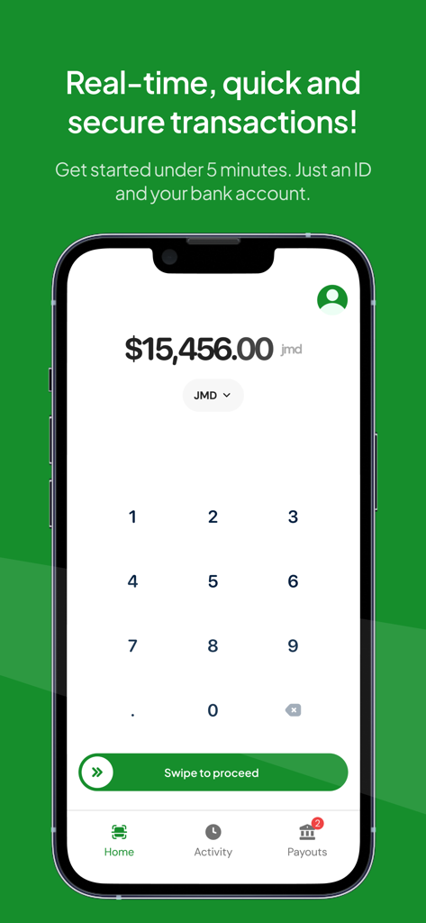 HandyPay - Pantalla de la aplicación HandyPay que muestra un teclado numérico para ingresar el monto de una transacción en moneda JMD
