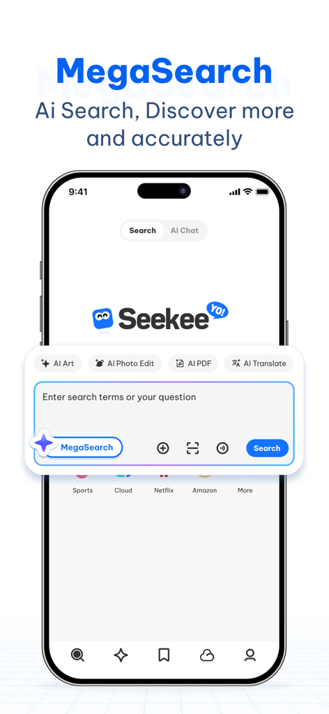 Seekee - Ai Search & Assistant - Interfaz de MegaBúsqueda de la aplicación Seekee para tareas de búsqueda y asistente IA