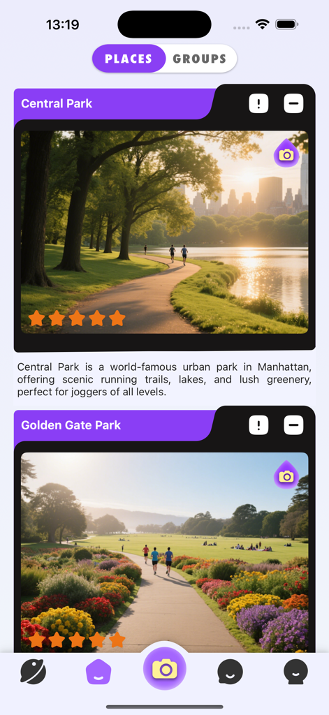 Jogy - Live Chat Fun, Discover - Jogy app screen showing a curated list of scenic running routes in Central Park and Golden Gate Park