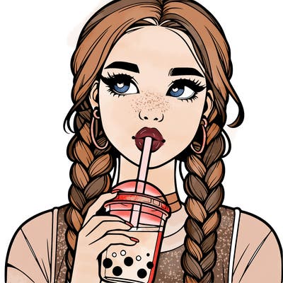 realistic girl with braided hair drinking boba